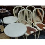 A SET OF FOUR CREAM PAINTED HOOP BACK KITCHEN CHAIRS TOGETHER WITH A PAIR OF TRIPOD TABLES. Dia.
