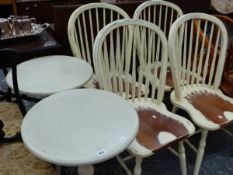 A SET OF FOUR CREAM PAINTED HOOP BACK KITCHEN CHAIRS TOGETHER WITH A PAIR OF TRIPOD TABLES. Dia.