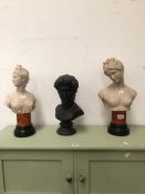 TWO COMPOSITION BUSTS OF CLASSICAL LADIES TOGETHER WITH A BLACK COMPOSITION BUST OF APOLLO