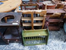 A 19th C. OAK WASH STAND, A PINE PLATE RACK, A PINE DRESSER BACK, STAINED PINE COAT HOOKS TOGETHER