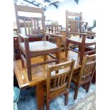 A HARD WOOD RECTANGULAR TABLE. W 180 x D 90 x H 77cms. TOGETHER WITH A SET OF FOUR RUSTIC CHAIRS