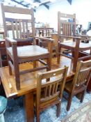 A HARD WOOD RECTANGULAR TABLE. W 180 x D 90 x H 77cms. TOGETHER WITH A SET OF FOUR RUSTIC CHAIRS