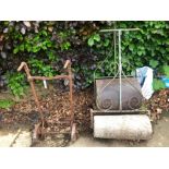 TWO VINTAGE GARDEN ROLLERS AND A SACK TRUCK.