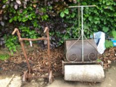 TWO VINTAGE GARDEN ROLLERS AND A SACK TRUCK.