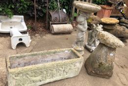 A SMALL ANTIQUE STADDLE STONE TOGETHER WITH A COMPOSITE GARGOYLE, BIRD BATH AND A RECTANGULAR