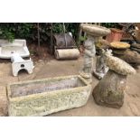 A SMALL ANTIQUE STADDLE STONE TOGETHER WITH A COMPOSITE GARGOYLE, BIRD BATH AND A RECTANGULAR