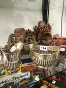 A SILVER TWO HANDLED SUGAR AND MATCHING CREAM JUG TOGETHER WITH THREE CHINESE SOAPSTONE VASES