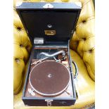 AN HMV 101 PORTABLE WIND UP GRAMOPHONE IN A BLACK CASE