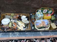 A COLLECTION OF TINS, CUTLERY, TOOLS, PLASTER DOGS, ETC.