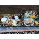 A COLLECTION OF TINS, CUTLERY, TOOLS, PLASTER DOGS, ETC.