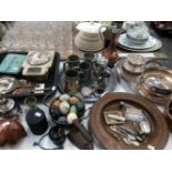 A GERMAN SILVER CRUMB SCOOP, ELECTROPLATE, PEWTER, BURMESE PUPPETS, A CLOCK, STONE EGGS, A CARVED