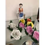 EIGHT HEREND ROSE TABLE ORNAMENTS AND A HEREND SMALL FIGURINE.