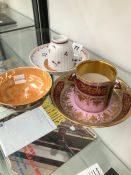 A RUSKIN LUSTRE SMALL BOWL, AN EARLY ENGLISH TEA CUP AND SIMILAR SAUCER, AND A VIENNA HAND PAINTED