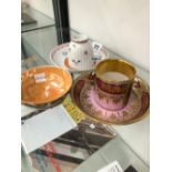 A RUSKIN LUSTRE SMALL BOWL, AN EARLY ENGLISH TEA CUP AND SIMILAR SAUCER, AND A VIENNA HAND PAINTED