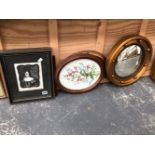 A SMALL GROUP OF DECORATIVE PICTURES AND PRINTS TOGETHER WITH A GILT CONVEX MIRROR