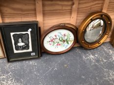 A SMALL GROUP OF DECORATIVE PICTURES AND PRINTS TOGETHER WITH A GILT CONVEX MIRROR