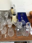 DECANTERS, DRINKING GLASS, TWO STUDIO CERAMIC VASES, A TABLE LAMP, GLASS DISHES, ETC.