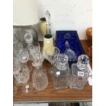 DECANTERS, DRINKING GLASS, TWO STUDIO CERAMIC VASES, A TABLE LAMP, GLASS DISHES, ETC.