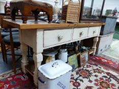 A PINE DRESSER WITH THREE CREAM PAINTED DRAWERS ABOVE A PLANK POT BOARD BETWEEN THE SQUARE SECTION