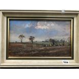 GEOFFREY BARROWS (20tH C. ENGLISH SCHOOL) POTATO PICKERS, SIGNED, OIL ON BOARD. GALLERY LABEL VERSO.