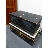 TWO PAINTED PINE BOXES, EACH WITH TWO IRON HANDLES, THE LARGER. W 74.5cms.