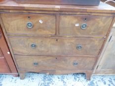 A 19th C. MAHOGANY CHEST OF TWO SHORT AND TWO GRADED LONG DRAWERS ABOVE A ROUNDED APRON RUNNING INTO