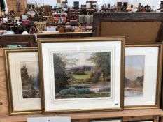 THREE 19tH/20th C. LANDSCAPE WATERCOLOURS. ONE SIGNED INDISTINCTLY. LARGEST 39 x 49cms (3)