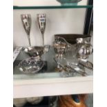 ELECTROPLATE GRAPE SCISSORS, JUGS, LEAF SHAPED DISHES AND A PAIR OF CHAMPAGNE FLUTES