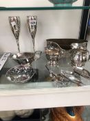 ELECTROPLATE GRAPE SCISSORS, JUGS, LEAF SHAPED DISHES AND A PAIR OF CHAMPAGNE FLUTES