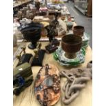 A FLORAL POTTERY PART DESSERT SET, THREE COPPER BOWLS, PAIR OF SPANISH FIGURAL SPELTER CANDLESTICKS,