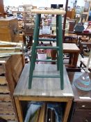 A 20th C. TABLE WITH A TOP FORMED OF OAK BATONS BLOCKED TOGETHER. W 62 x D 61 x H 83cms. TOGETHER