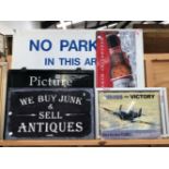 A GROUP OF VINTAGE AND LATER SIGNS AND ADVERTISING MEMORABILIA. SIZES VARY