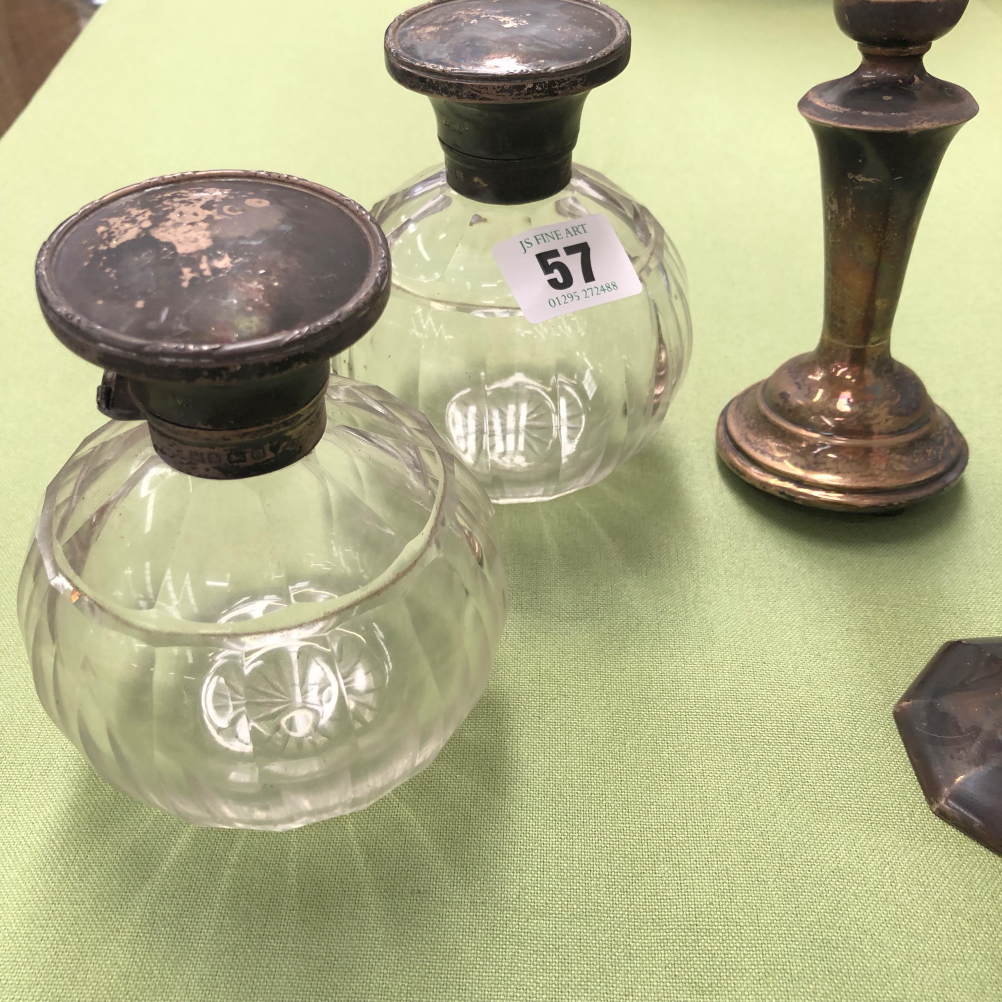 A PAIR OF SILVER MOUNTED GLASS LARGE SCENT BOTTLES, A SPILL VASE AND A CANDLE STICK. - Image 2 of 3