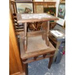 A CHINESE HARD WOOD COFFEE TABLE WITH BAMBOO WOVEN MESH TOP TOGETHER WITH AN OAK JOINT STOOL THE TOP