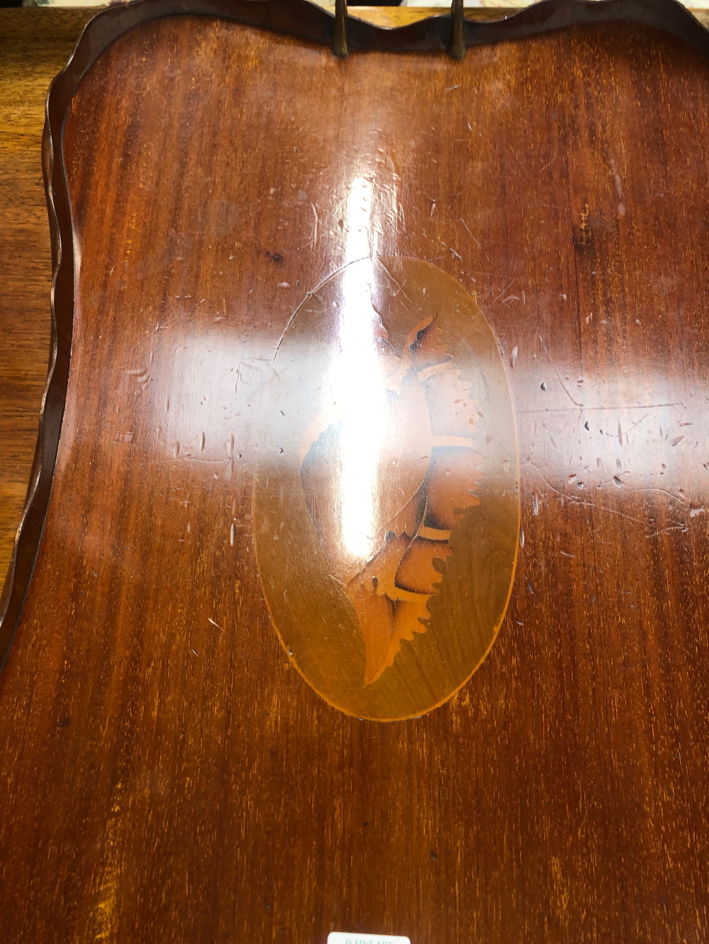 A FOOTSTOOL WITH A NEEDLE WORK SEAT TOGETHER WITH A TWO HANDLED MAHOGANY TRAY - Image 2 of 3