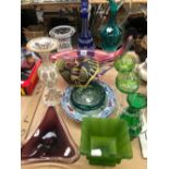 A BOHEMIAN WHITE OVERLAY BALUSTER VASE, A BACCARAT URN, BLUE OVERLAY DECANTER, OTHER GLASS AND A
