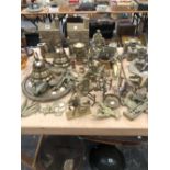 BRASS WARES, TO INCLUDE: MONEY BOXES, ANIMAL FIGURES, CANDLESTICKS, ETC.