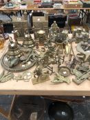 BRASS WARES, TO INCLUDE: MONEY BOXES, ANIMAL FIGURES, CANDLESTICKS, ETC.