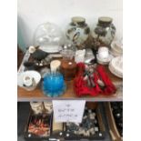 A STONE CHESS SET AND BOARD, TEA WARES, STORAGE JARS, A PAIR OF PAINTED GLASS VASES AND A PAIR OF