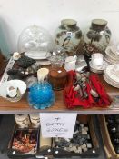A STONE CHESS SET AND BOARD, TEA WARES, STORAGE JARS, A PAIR OF PAINTED GLASS VASES AND A PAIR OF
