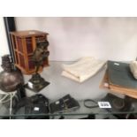 AN AIR NAVIGATORS LOG BOOK AND CLOTH MAP, A ROTARY BOOKCASE OF SHAKESPEARE PLAYS, A BRONZE FIGURE