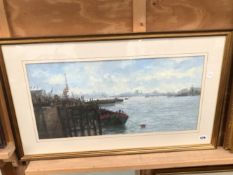 ROY PERRY 20th C. ARR. OLD JETTIES, SHADWELL, SIGNED, GOUACHE. 33 x 67cms