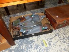 VARIOUS PIGEON DECOYS, A LEATHER SUITCASE, GLASS CANDLE SHADES ETC.