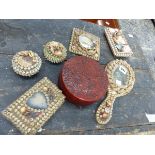 A SHELL MOUNTED PART DRESSING TABLE SET TOGETHER WITH A CHINESE CINNABAR LACQUER CIRCULAR BOX