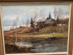 20th C. RUSSIAN SCHOOL. A RURAL LANDSCAPE, SIGNED AND INSCRIBED, OIL ON CANVAS. 62 x 82cms