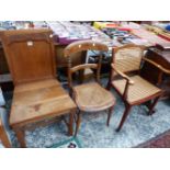 FIVE VARIOUS CHAIRS, TO INCLUDE TWO WITH CANED SEATS, A MACHINE MADE RUG AND A LLOYD LOOM TYPE LINEN