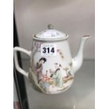 A CHINESE TEA POT PAINTED WITH A MOTHER AND CHILD ON A TERRACE ON ONE SIDE AND INSCRIBED ON THE