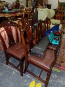 A SET OF SIX 19th/20th C. MAHOGANY DINING CHAIRS, THE TOP RAILS CENTRED BY ANTHEMION MOTIFS FLANKED