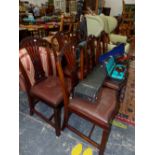 A SET OF SIX 19th/20th C. MAHOGANY DINING CHAIRS, THE TOP RAILS CENTRED BY ANTHEMION MOTIFS FLANKED