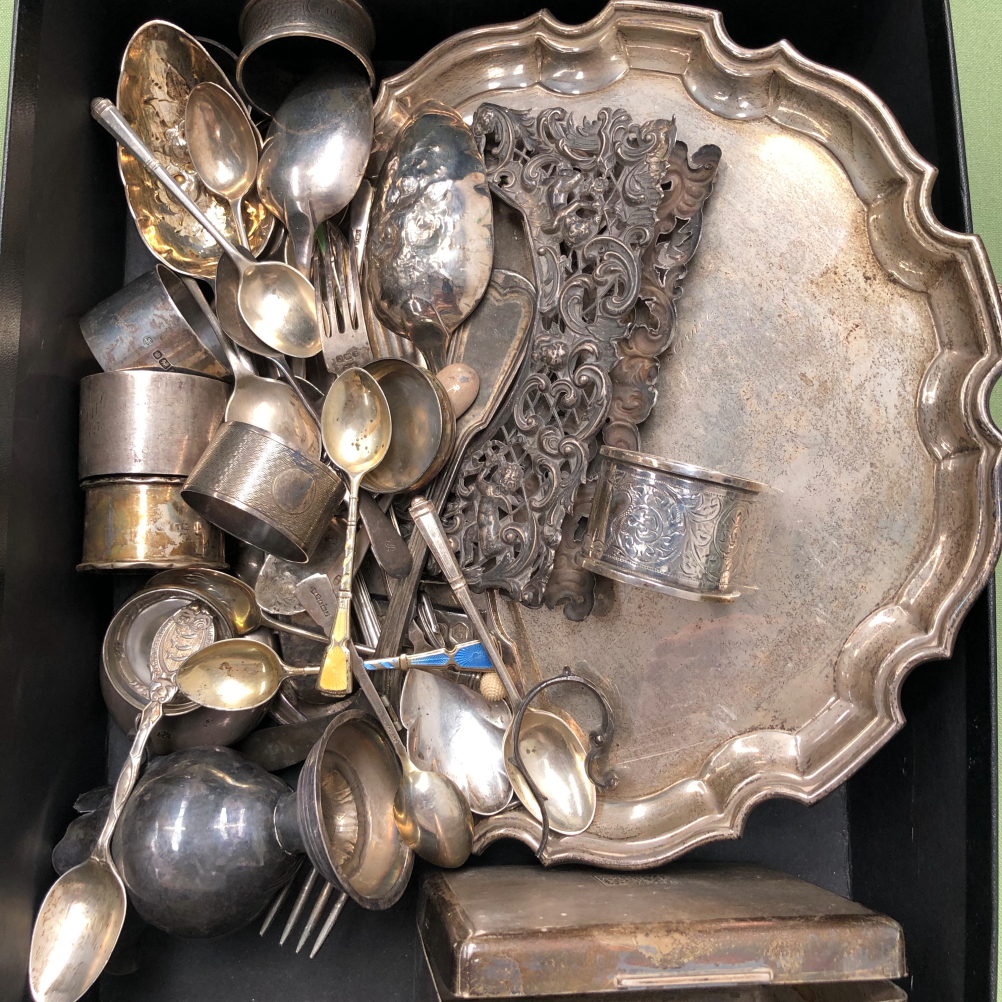 A HALLMARKED SILVER TRAY, HALLMARKED SILVER BERRY SPOONS, OTHER SILVER CUTLERY NAPKIN RINGS ETC.